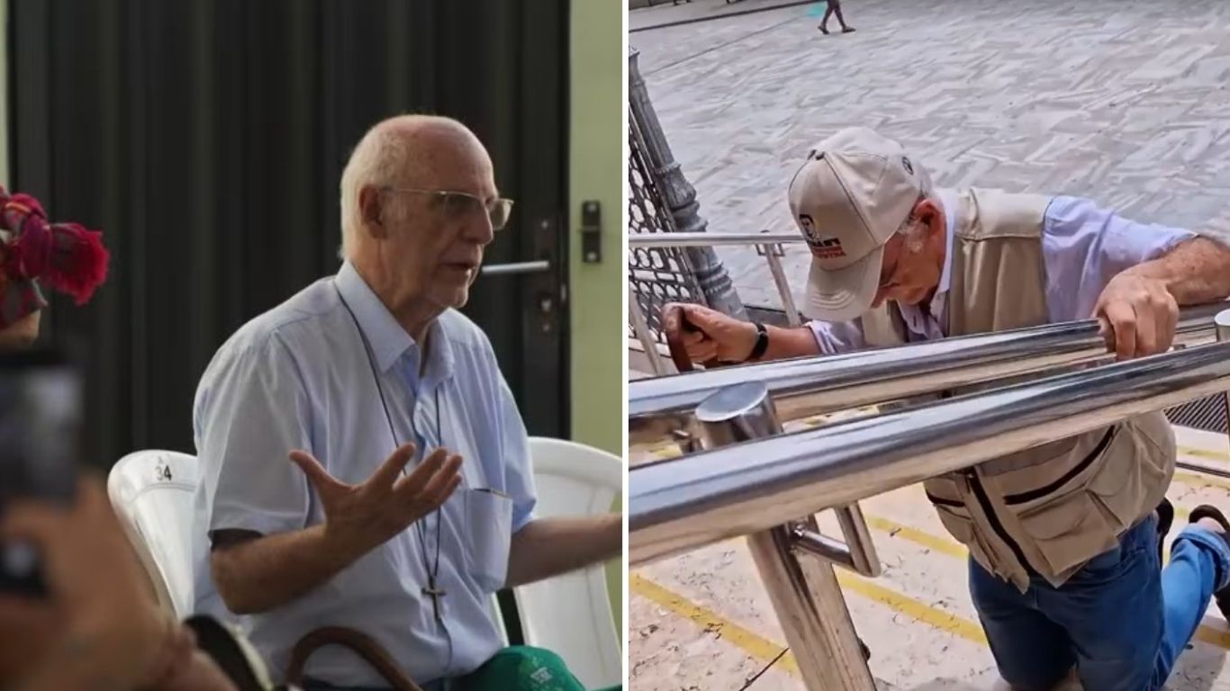 Padre Júlio Lancellotti sobe escadaria de joelhos em Belém e emociona fiéis